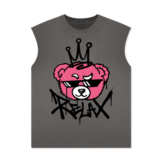 Relax Graffiti Pink Bear Streetwear Unisex Ombre Vintage Stone Wash Tank Top.