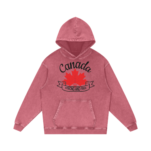 Canada Strong and Free Acid Wash Oversizedd Hoodie. Maple Leaf Proud Canadian.