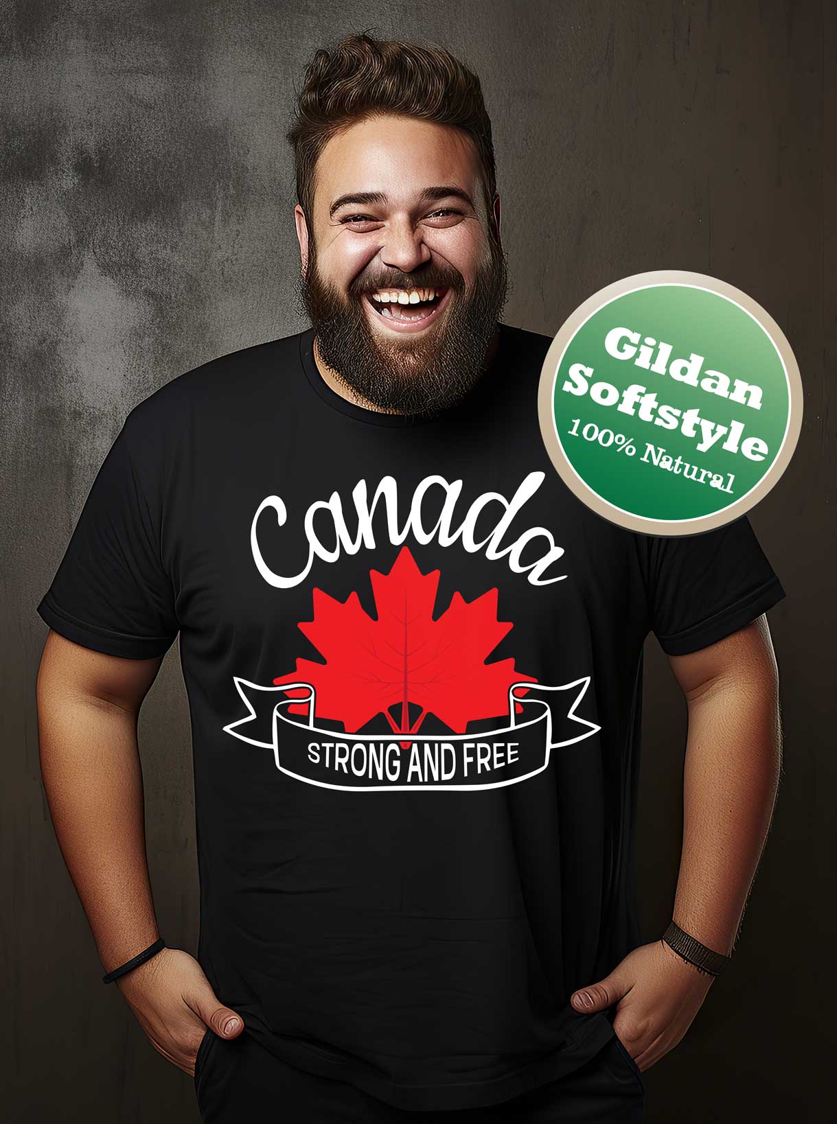 Canada Strong and Free with Maple Leaf T-Shirt. True North Canadian Tee. Proud Canadian Clothing. Free Shipping in Canada and the USA.
