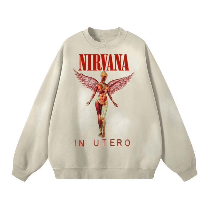 Nirvana In Utero Custom Sweatshirt. Streetwear Unisex Monkey Washed Dyed Fleece Pullover.