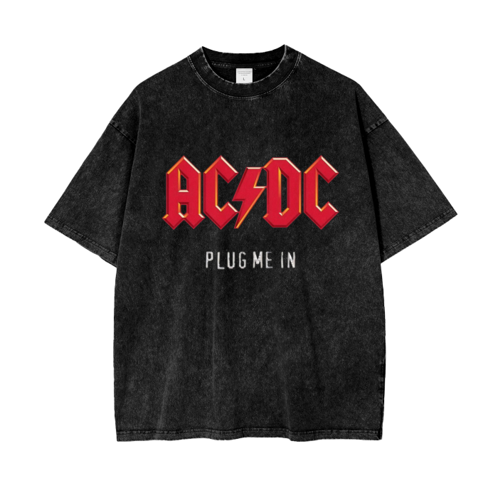 AC/DC Rock Music Acid Wash Oversized T-Shirt. Metal Music ACDC Plug Me In.