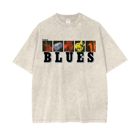 The Blues Music Acid Wash Oversize T-Shirt. Musical Instruments Tee. Classic Blues Rock.