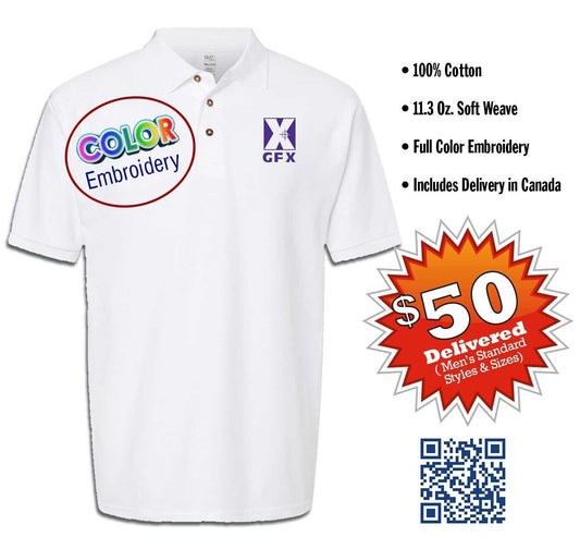 Personalized Custom Pique Polo Shirt. 100% Cotton Golf Shirt. Company Logo Polo Shirts. Color Embroidered Polos. Trade Show Employee Shirts.